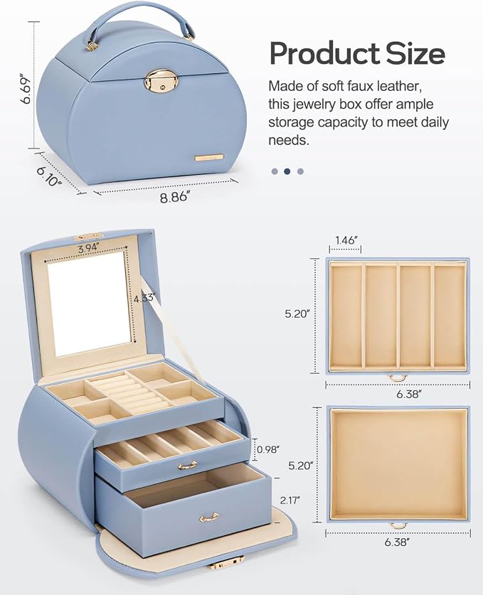 Homde Girls Jewelry Box Jewelry Storage Case Organizer Faux Leather with Mirror for Rings, Earrings, Bracelets, Necklaces (Grey Blue) - Gifts for Mother's Day