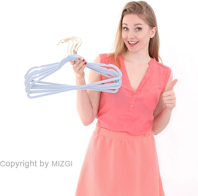 MIZGI Premium Velvet Hangers (50 Pack) Heavy Duty - Non Slip Felt Hangers - Velvet Suit Hangers Light Blue - Rose Gold Hooks,Space Saving Clothes Hangers