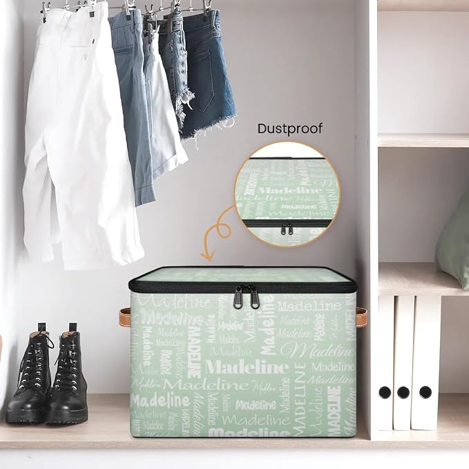 Custom Storage Basket with Name, Personalized Keepsake Box with Zipper Lid, Foldable Fabric Memory Bin Large capacity with Handle Green