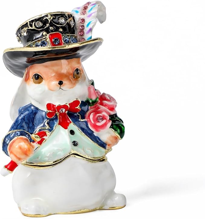 Hand Painted Trinket Box Enamel Vintage Jewelry Box Mr. Rabbit Hinged Metal Jewelry Organizer Decorative Treasure Box Unique Valentine's Day