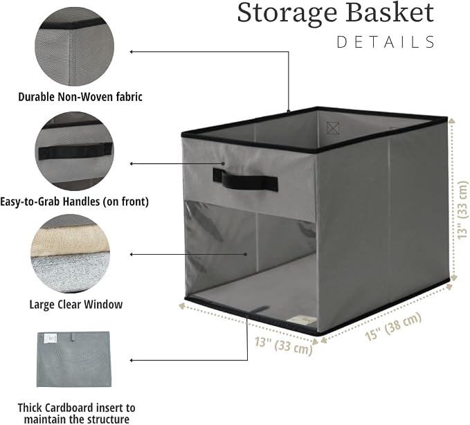 DECOMOMO Storage Bins, Cube Storage Bin with Window | 13x15x13", 6 Pack, Fabric Storage Cubes for Shelves (Grey)