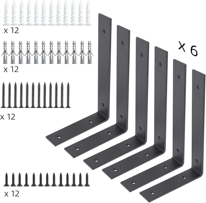 6 Pack Heavy Duty 8 Inch Black Shelf Brackets, L Shelf Bracket 8 Inch for Floating Shelves, 1/5-Inch Thick