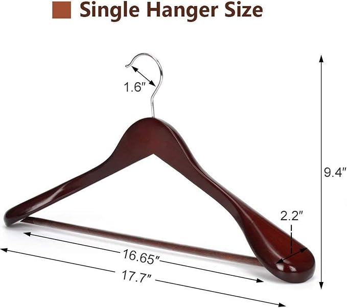 JS Hanger Wooden Extra-Wide Shoulder Suit Hangers for Coat and Pants, Walnut Finish, 6-Pack