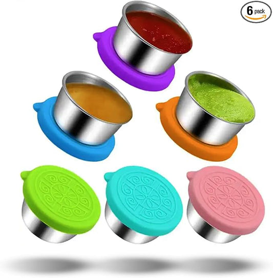 Pack of 6 Salad Dressing Container To Go: Small Condiment Containers with Lids, Reusable Stainless Steel Sauce Cups, Leakproof Silicone Lids for Bento Box, Picnic and Travel (Multi Color - 1.69oz)