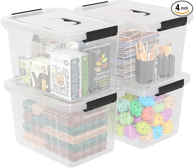4-Pack Latching Box with Handle, 20L Clear Plastic Storage Bins