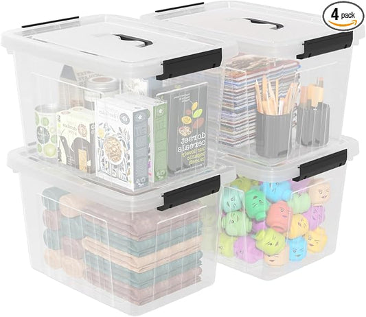 4-Pack Latching Box with Handle, 20L Clear Plastic Storage Bins