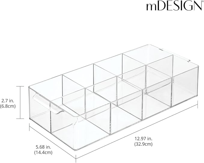 mDesign Plastic Condiment Organizer and Tea Bag Holder - 8-Compartment Kitchen Pantry/Countertop Storage Caddy - Divided Chip, Snack, Oatmeal Packet Holder - Lumiere Collection - 2 Pack, Clear