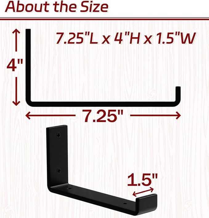 12-Pack 7.25" L x 4" H x 1.5" W Shelf Bracket, 1/5” Thick Iron Metal Wall Rustic Industrial J Lip Floating Shelf Bracket