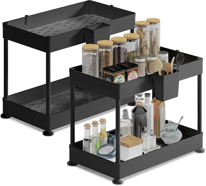 Under Sink Organizers and Storage | Bathroom Cabinet Organizer, Sink Shelf with Utility Hooks and Side Caddy for Under Cabinet Storage | Black (2-Pack) Non Slip Grip Under Kitchen Sink Organizer