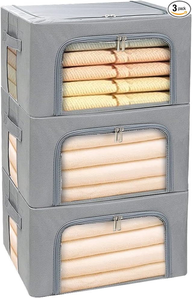 Clothes Storage Box Bins Stackable Foldable Organizer,Sturdy Handles with Metal Frame for Clothing Bedding Shelves,Closet Container with Clear Window Zipper and Label Holder (Gray, 22L x3 Pack)