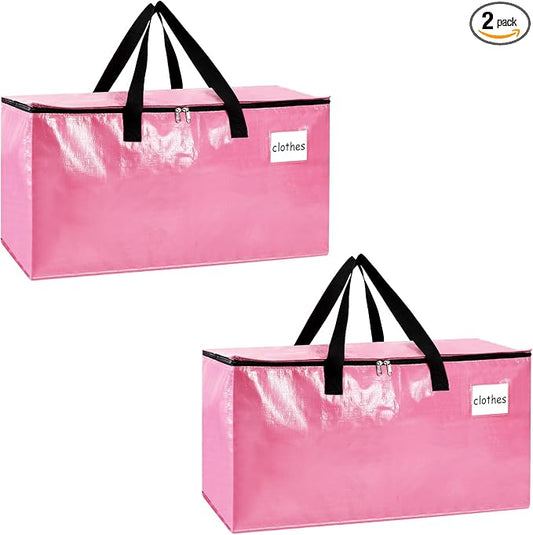 2-Pack Extra-Large Heavy-Duty Storage Totes with Reinforced Handles, Durable Zippers & Waterproof Material — Perfect for Space-Saving, Moving, Shipping and Travel (PINK)