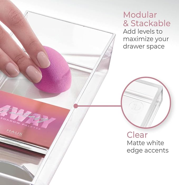 iDesign Plastic Makeup Drawer Organizer Tray - Vanity Organizer or Desk Drawer Organizer - Clear/Matte White