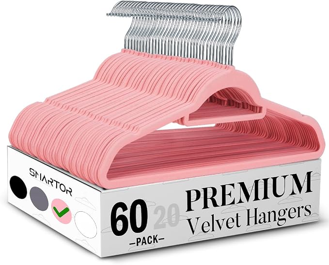 Smartor Pink Velvet Hangers 60 Pack, Space Saving Clothes Hangers with Tie Bar, Non-Slip Felt Hangers with Shoulder Notches, Heavy Duty Suit Hangers for Coat, Shirt, Pants, Dress | Non-slip Felt, Shoulder Notches and 360° Hooks Keep Suits, Dresses and ...