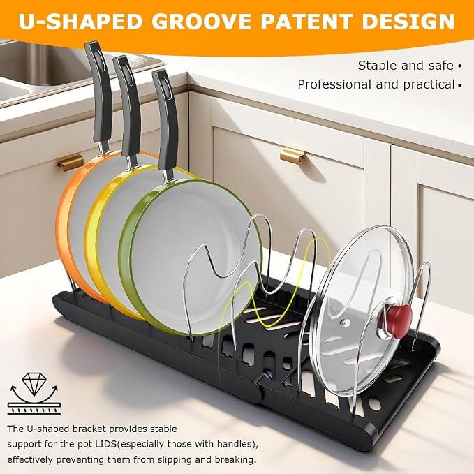 Pots and Pans Organizer for under Cabinet, Expandable Pot Lid Holder with 10 Adjustable Compartment, Pan Organizer Inside Cabinet for Lids & Cookware(COLOR:Black)