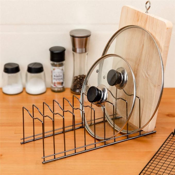 SANNO Pan Pot Lid Holder Organizer, Rack Kitchen Organizer for Plates, Cutting Boards Bakeware, Cooling, Pots & Pans, Serving Trays,Lids Holder Rack,Nickel, 10 Dividers