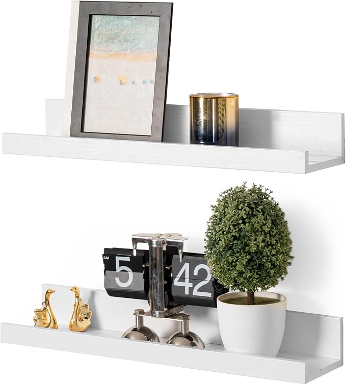 Muzilife 16" Floating Wall Ledge Shelves with Lip - Set of 2 Wood Floating Shelves - White Wall Mounted Picture Ledge for Office, Bathroom, Bedroom, Living Room, Kitchen