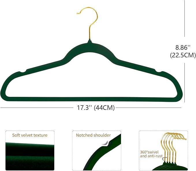ManGotree Velvet Coat Hangers with 360° Swivel Gold Hook, Non-Slip Felt Suit Hangers, Ultra-Thin Space Saving Clothes Hanger for Jacket, Sweater, Shirt, Dress, Pants (22 Pack, Green)