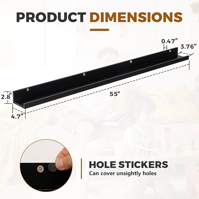Muzilife 55" Large Floating Wall Ledge Shelves with Lip - Set of 2 Wood Floating Shelves - Black Wall Mounted Picture Ledge for Office, Bathroom, Bedroom, Living Room, Kitchen