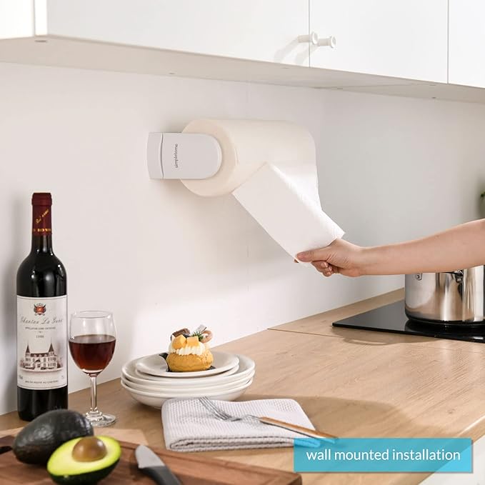 simpletome ONE Hand Simple Tear Paper Towel Holder Under Cabinet (White) | tension arms, tear one/more sheets at one time | aluminum alloy+abs | adhesive or drilling for wall/cabinet | for 28cm roll
