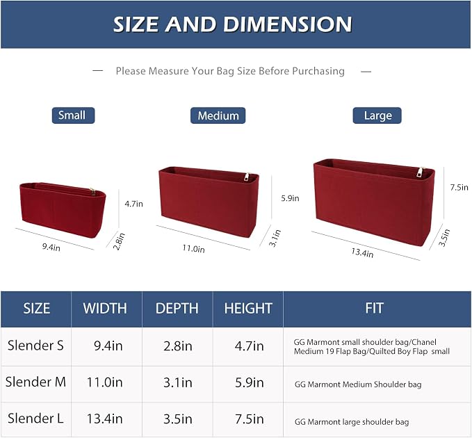 Surblue Purse Organizer Insert for Handbags, Felt Bag Organizer with Zippers Handbag Shaper Pouch for Classic 19 Flap Bag, Marmont, Onthego,（Burgundy, Slender L）