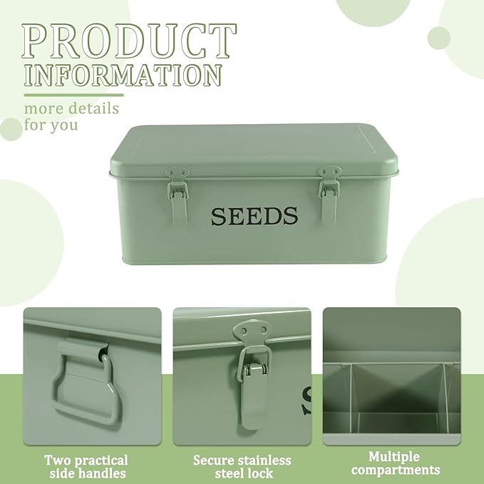 Seed Storage Organizer, 4 Compartment Seed Storage Box with Safety Lock, Metal Seed Box Seed Packet Container with 1 Pen, 12 Slots, 20 Plant Labels & 30 Seed Envelopes, Green Gardening Gift