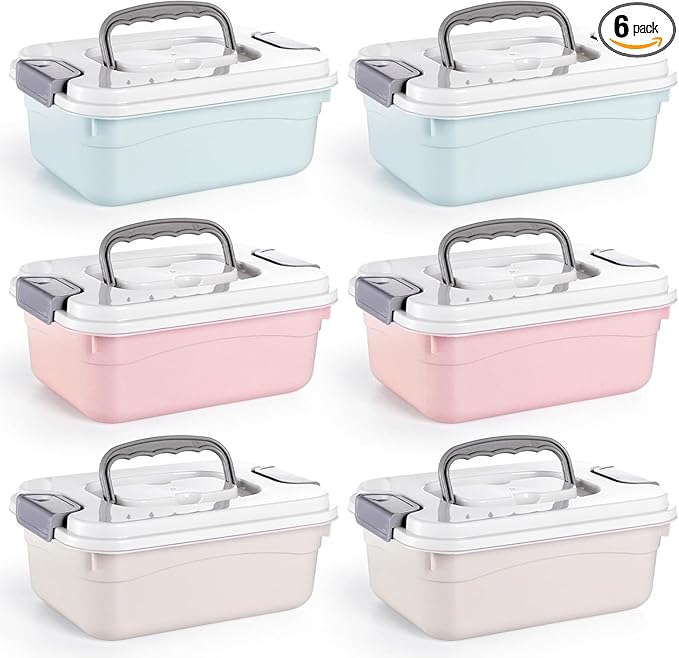 Elsjoy Set of 6 Small Plastic Storage Bins With Lid and Handle, 2.1 Quart Plastic Latch Storage Box Stackable Storage Container, Small Plastic Storage Basket Cute Organizer Box for Home, Office