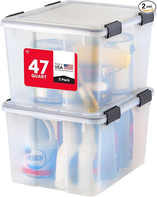 IRIS USA WeatherPro Storage Bins with Lids, 47 Qt, Gasket Seal, 2 Pack | Airtight gasket helps protect clothing, shoes, crafts, keepsakes, and household supplies from moisture and dust.