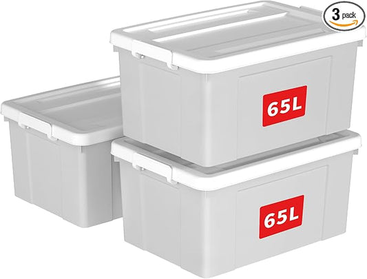 Cetomo Lidded Storage Bin with Handle, Tote Organizing Container with Wheels, Lid and Secure Latching Buckles, Stackable and Nestable, Plastic, 72 Quart-3 Pack, Gray