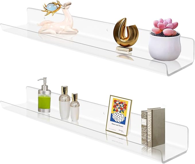ROYALITA 2-Pack Acrylic Shelves Wall Mounted, 24 Inch Floating Shelves | for Small Items Plants Organize Wall Shelves for Gaming Room, Bedroom, Living Room, Office, Clear