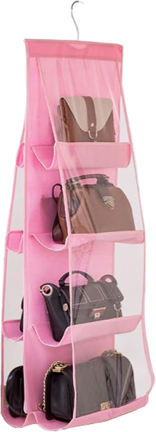 AARAINBOW 1 Pack Hanging Handbag Purse Organizer for Closet, Womens Purse Storage Organizers, Hand Bag Organizer Holder, 8 Pockets Space Saving Wardrobe Purse Holder, 41 L x 13.5W (B-Pink)