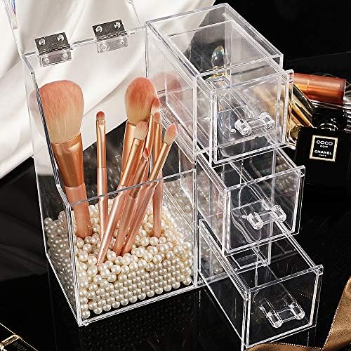 ShellKingdom Makeup Brush Holder,Clear Cosmetic Brushes Organizer With Drawer for Storage Brushes with Lid and Pearl for