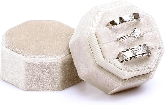 WantGor Velvet Ring Box, 3 Slots Jewelry Ring Gift Box Vintage Ring Holder | Ring Display Case for Wedding Ceremony Proposal Engagement (Beige)