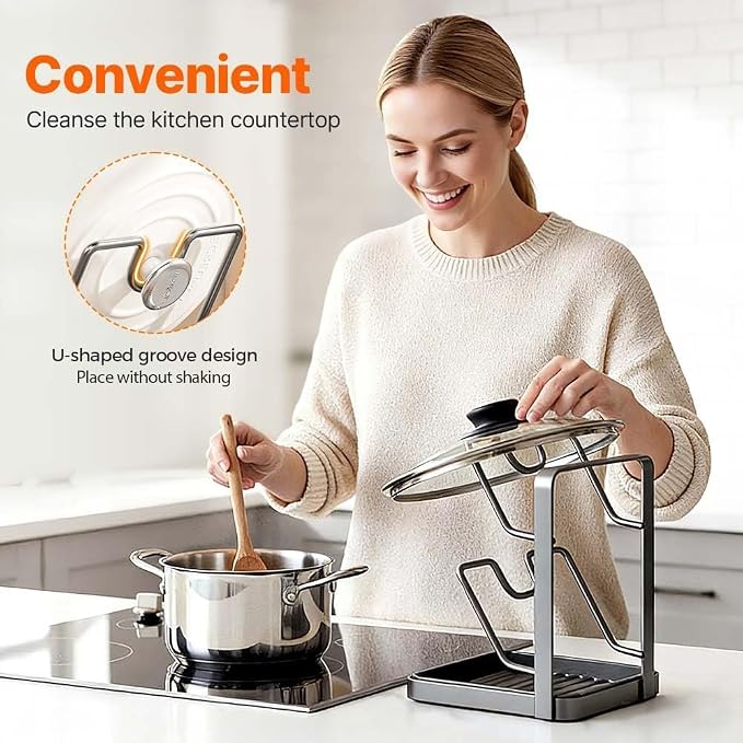 Space-Saving Pot Lid Holder & Spoon Rest - 3-in-1 Organizer with Drip Tray, Keeps Countertops Clear While Cooking (Multifunctional Kitchen Rack)