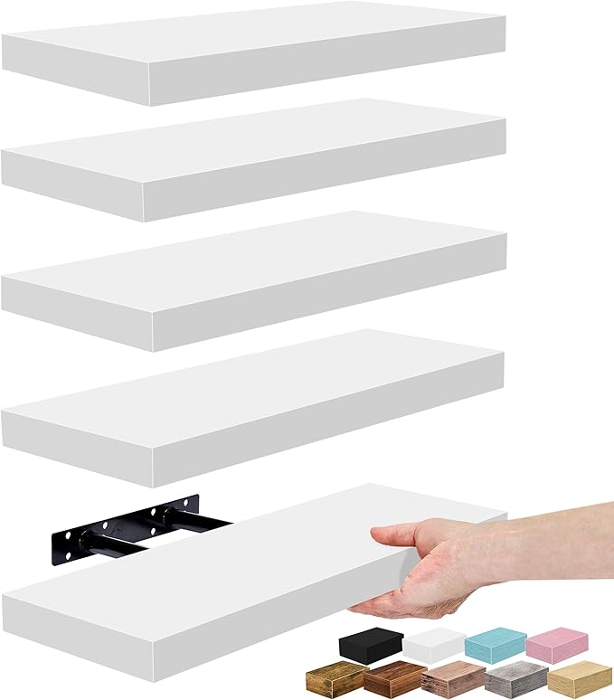 Sorbus Floating Shelves for Wall – 16 Inch Floating Shelf for Kitchen, Bedroom, Living Room, Bathroom, Home & Wall Decor - Mounted Bathroom Shelves with Invisible Brackets (White, 5 Pack)