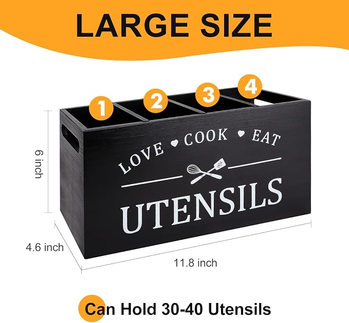 Black Extra Large Wood Cooking Utensil Holder Kitchen Spatula Spoon Holder | Wooden Utensils Caddy for Kitchen Countertop Organizer Rustic Decor Kitchen Counter Tool Holder Farmhouse Utensil Crock