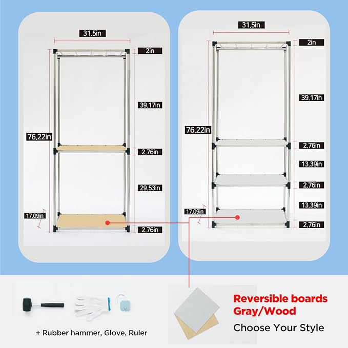 Letusto Premium Stainless Steel Freestanding Closet Organizer System - Easy Assembly, Durable, and Versatile - Heavy Duty Adjustable Portable Wardrobe Clothing Rack (Set B)