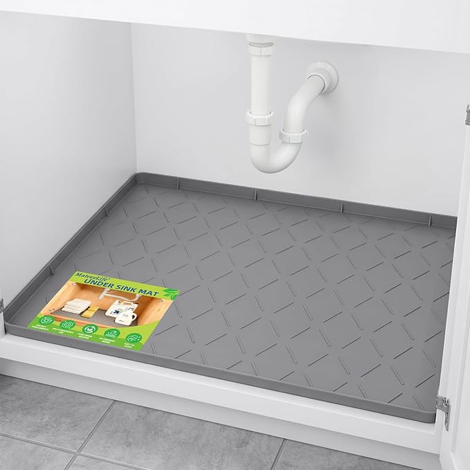 Mateeylife Under Sink Mats for Kitchen Waterproof 34"X22", Undersink Protectors，Silicone Mat Cabinet Liner, Under Sink Organizer for Bathroom and Kitchen，Boot Tray Pet Food Mat, Dark Grey