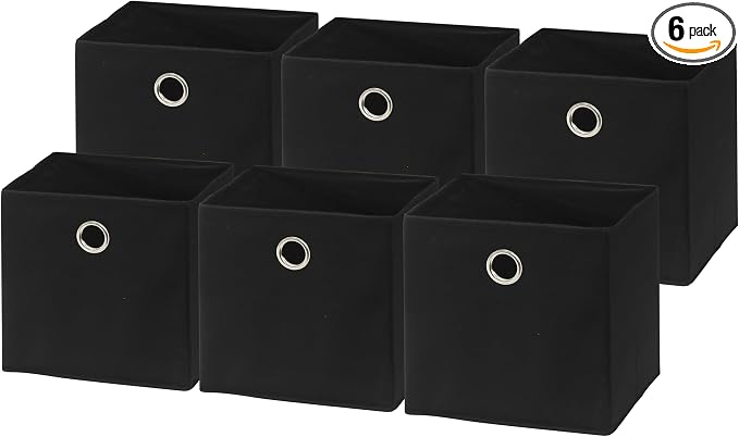 Simple Houseware 11-Inch Collapsible Fabric Cube Storage Bin with Handles, Printed Design, 6 Pack, Black