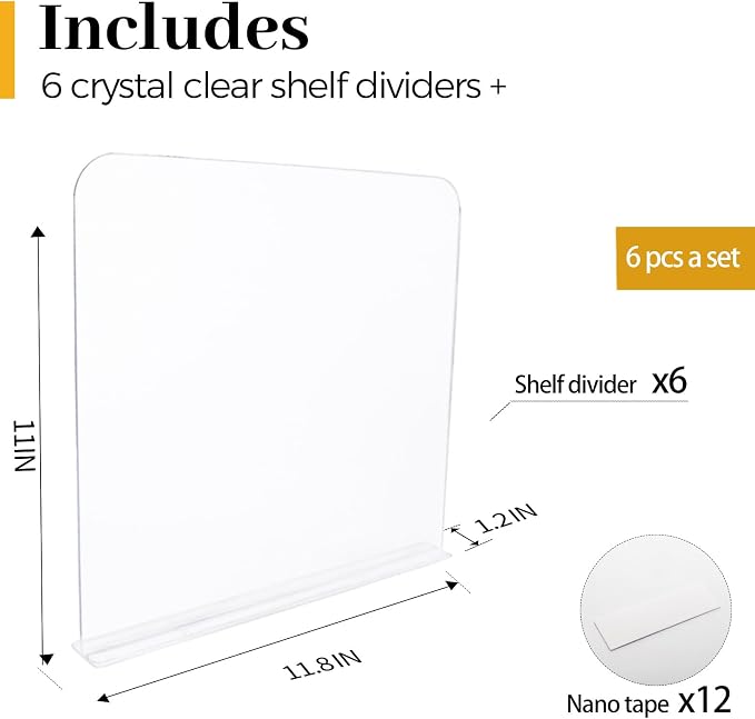 ROUFA 6Pcs Clear Acrylic Shelf Dividers, Closet Organizer Wood Shelf Separators Purse Organizer for Bedroom, Kitchen, Office, Bathroom 11.8''x11''