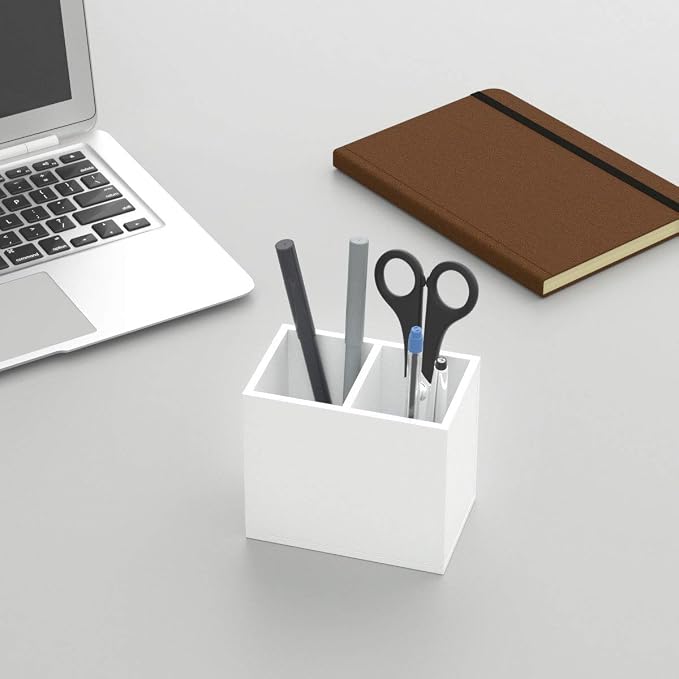 NIUBEE Acrylic Pen Holder 2 Compartments, White Pencil Organizer Cup for Countertop Desk Accessory Storage