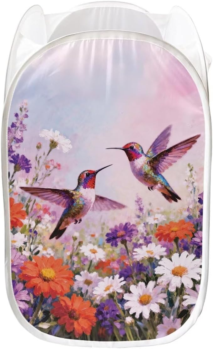 AFPANQZ Hummingbird Daisy Pop-Up Laundry Hamper with Side Pocket Mesh Fabric Collapsible Design for Clothes Laundry Home Organization Foldable Nursery Hampers 61L
