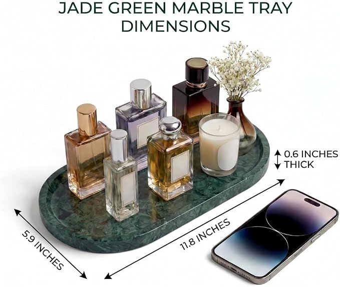 YKAJO Jade Green Oval Marble Tray, 11.8x5.9 Vanity Perfume Organizer Dish | Honed natural stone; jewelry & trinket dish, ring & key holder, soap & candle catchall; bath counter, dresser, coffee table