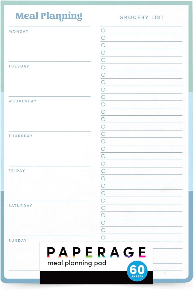 Weekly Meal Planner & Grocery List Notepad, 60 Sheets, 6.5 in x 9.5 in, Undated Meal Prep Planning Notepad & Shopping List Organizer for Home & Kitchen (Blue)