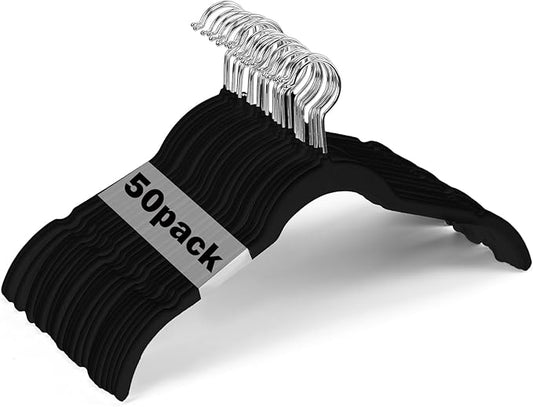 DoubleFill 50 Pack Velvet Hangers Non-Slip Shirt Clothes Hangers 360° Swivel Hook Slim Flocked Coat Hanger Heavy Duty Space Saving Felt Hanger for Women Men Pants Jackets Dress(Black)
