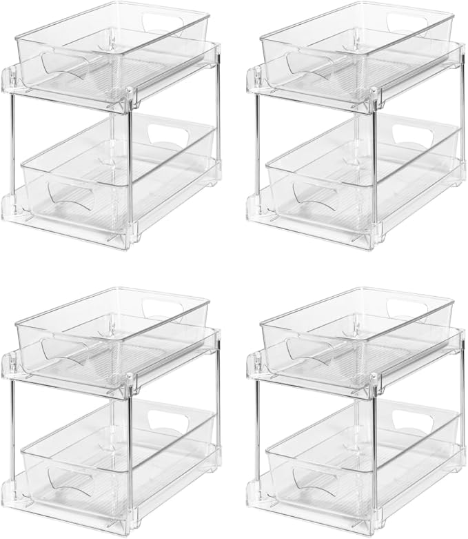 4 Pack Clear Bathroom Organizers and Storage, 2 Tier Pull Out Under Sink Cabinet Organizer Plastic Drawer Organization and Storage for Bathroom and Kitchen