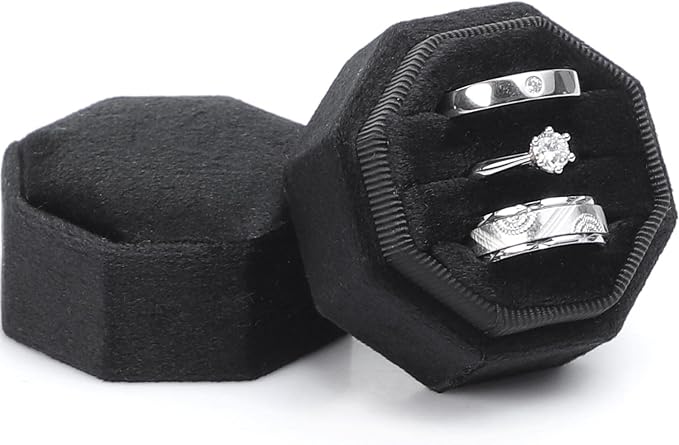 WantGor Velvet Ring Box, 3 Slots Jewelry Ring Gift Box Vintage Ring Holder | Ring Display Case for Wedding Ceremony Proposal Engagement (Black)