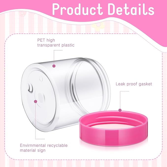 SATINIOR 12 Pack 8 oz Plastic Container Jars with Lids Round Clear Travel Cosmetic Container Slime Jars for Toiletries, Lotion, Cream, Ointments, Makeup, Rhinestone, Samples, Kitchen Storage(Pink)