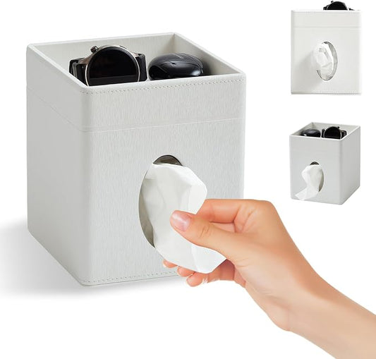 Square Tissue Box Cover Holder with Tray for Kleenex/Puffs Cubes | Gift-Ready for Entryways & Vanities | Stardust Black/Polar Ice/Liquid Iridium | Patented Metal-Look PU Leather-Polar Ice