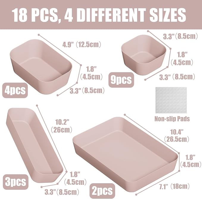 Drawer Organizers Bins 18 PCS for Bathroom Makeup Desk Office | with Non-slip Pads, 4 Sizes, Plastic Tray, Vanity Organizer, Kitchen Utensils Organizer