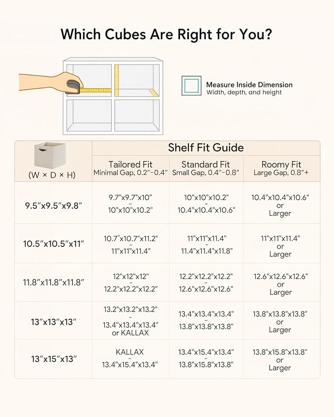 Cube Storage Bins | 13"x15"x13", Beige, 4 Pack | Multi-Size | 2X Thick Support Board | Vegan Leather Handles | 7.7 oz/yd² Fabric | Drawer Insert Basket Fits KALLAX
